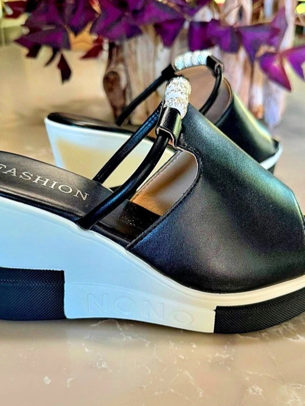 Black & White Embellished Wedge Sandals. New